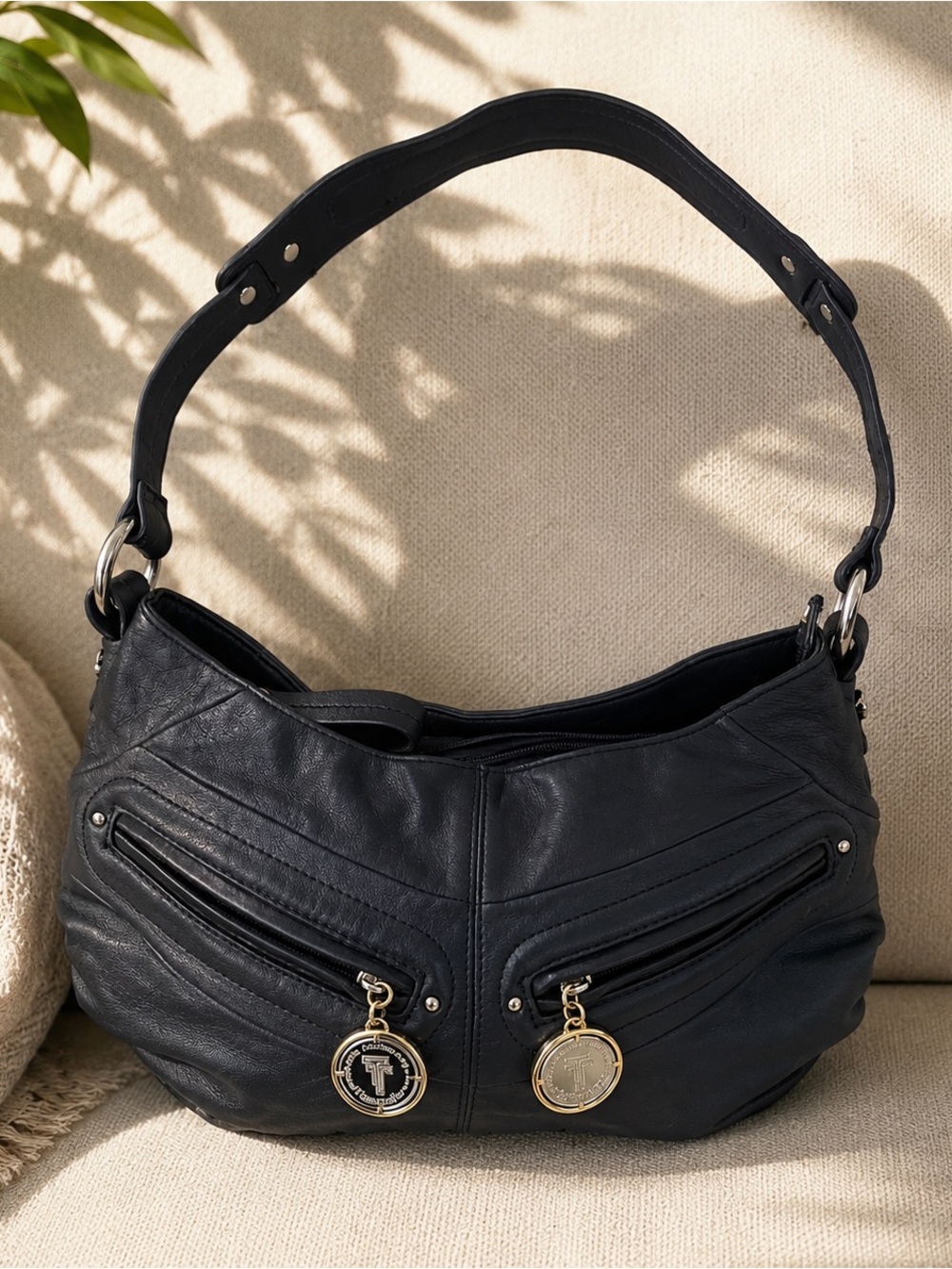 Tignanello 20th Anniversary Blue Leather Shoulder Bag with Gold Charms
